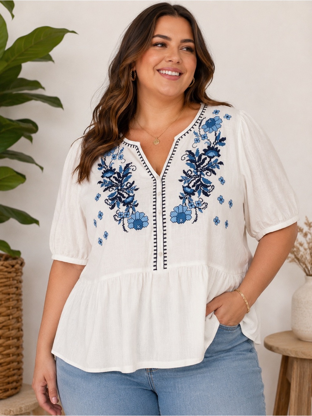 Solitaire Embroidered Peplum Linen Blend Top Like New 2X